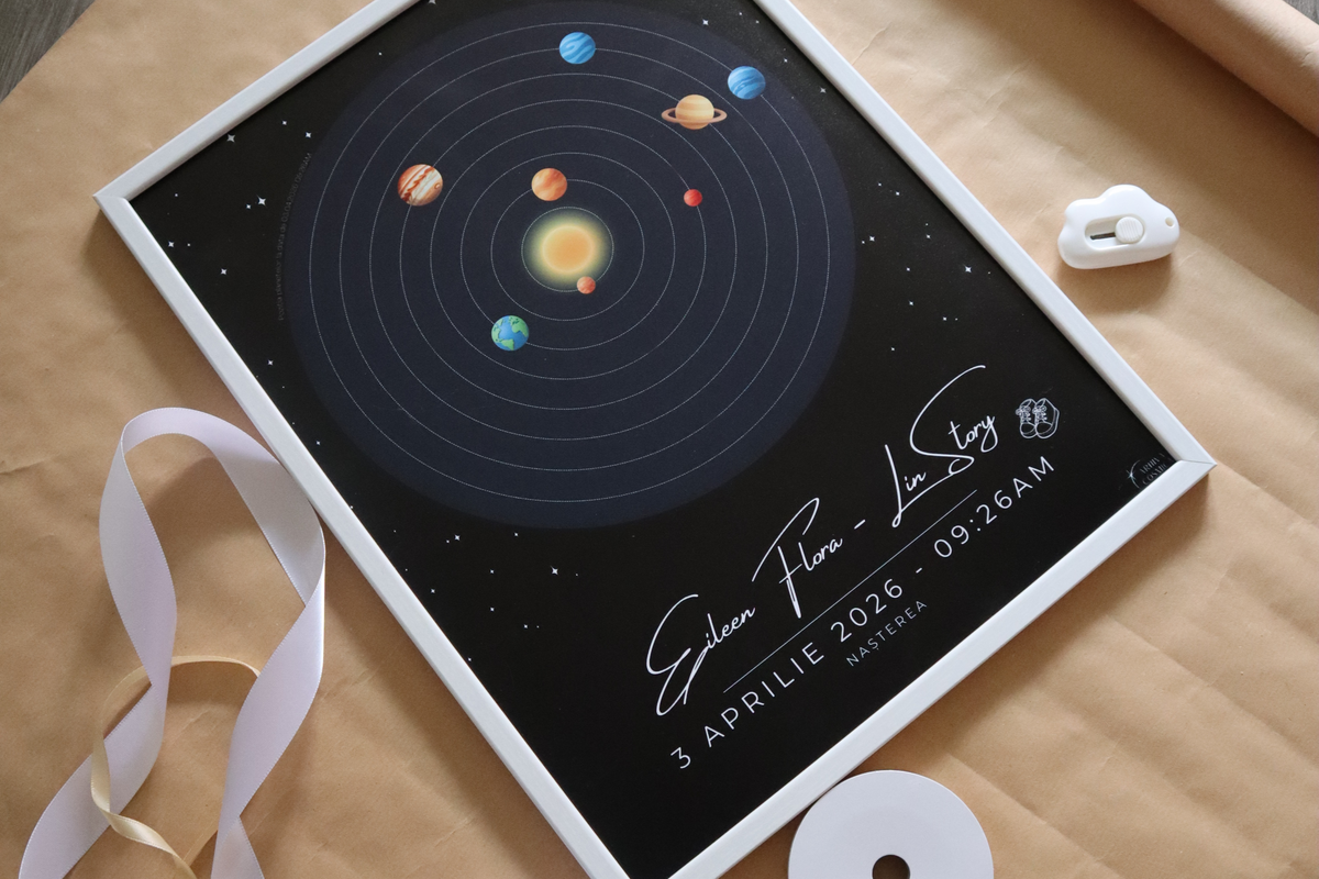 A framed custom solar system print featuring personalized names and date, styled on a brown paper background with ribbon, tape, and a small heart accessory.